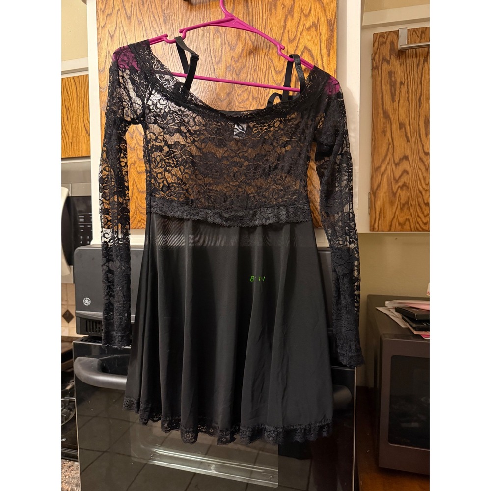 Velvet Kitten Black Lace‎ Off Shoulder Long Sleeve Lingerie Chemise Dress OS - Picture 6 of 6